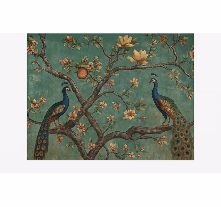 Cortina roller living comedor tapiz ornamentado de pavo real - TenVinilo