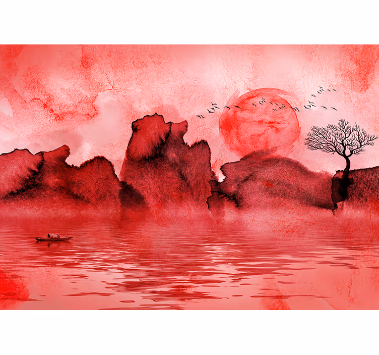 Cortina roller roja paisaje de tinta china - TenVinilo