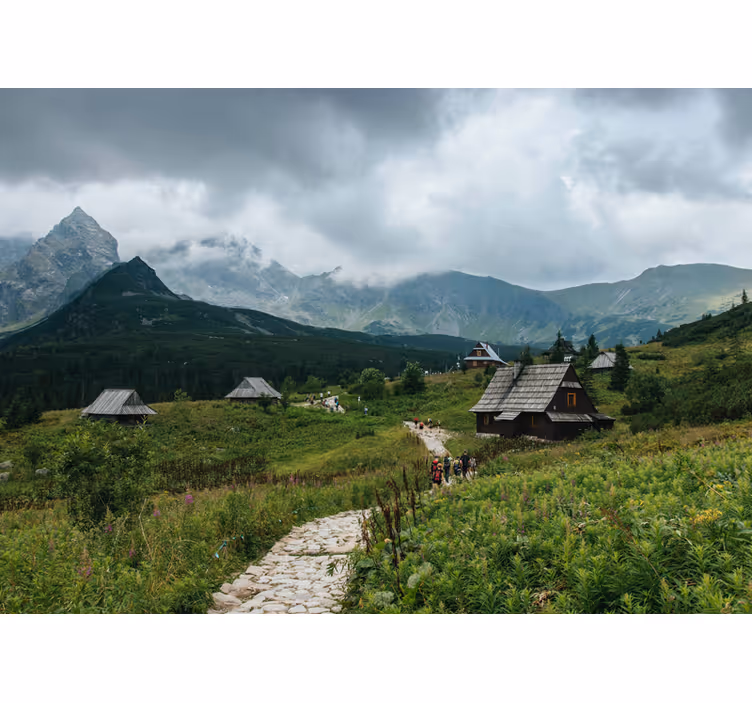 Cortina roller verde casas de madera en montañas tatra - TenVinilo