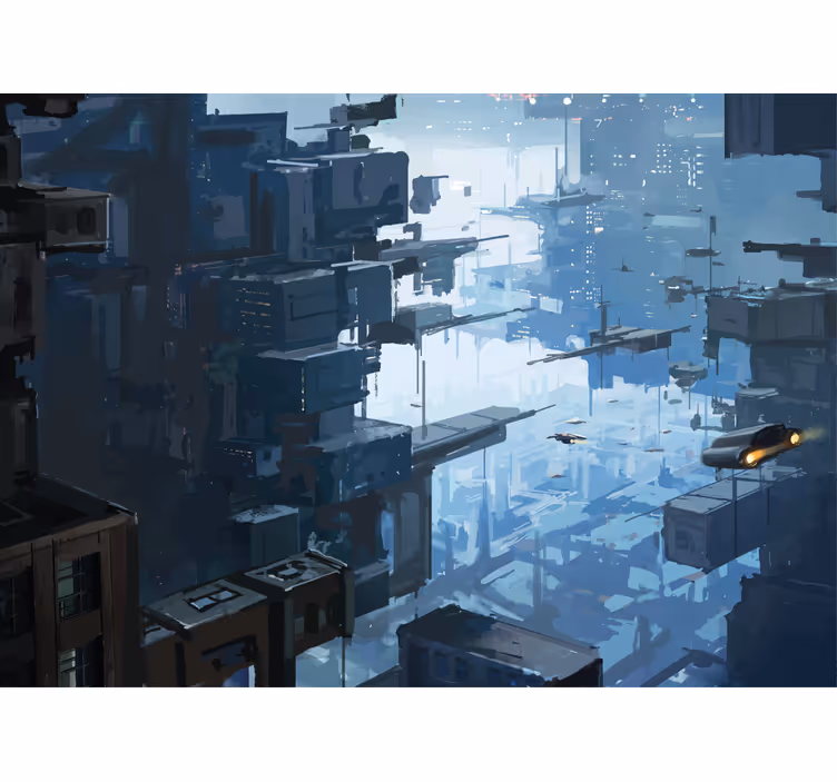 Cortina roller living comedor ciudad futurista con naves - TenVinilo