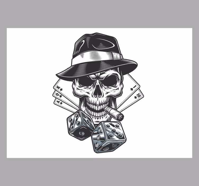 Cortina roller blanca carta con dados y calavera - TenVinilo