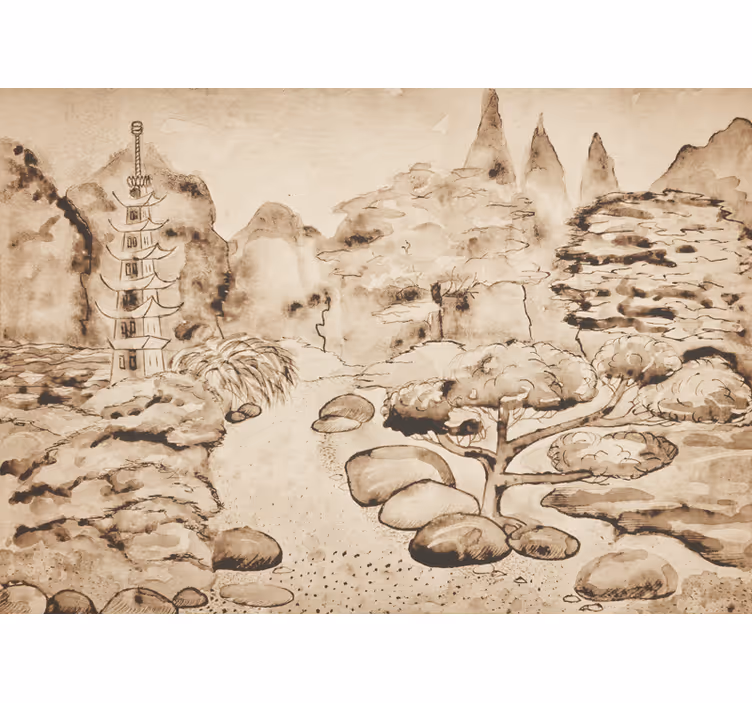Cortina roller beige jardín japonés estilo japandi - TenVinilo