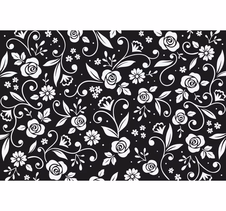 Cortina roller negra patrón abstracto de flores blancas - TenVinilo