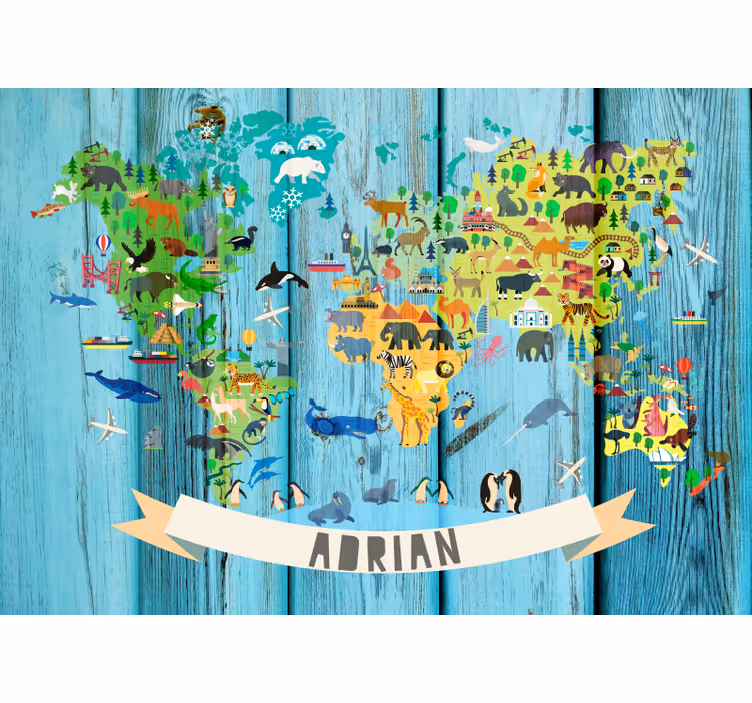 Cortina roller mapamundi mapa político azul para niños - TenVinilo