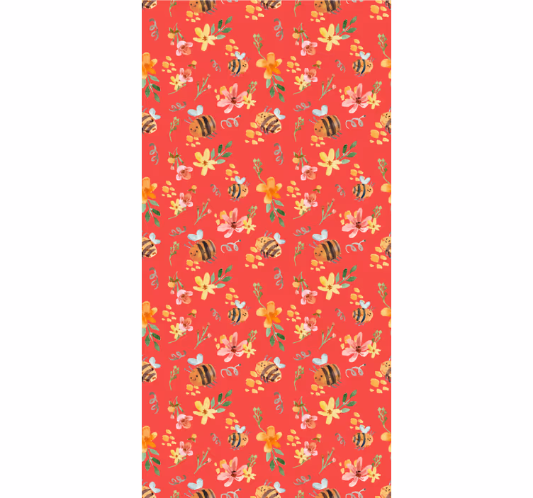 Cortina roller roja retro de abejas y flores - TenVinilo