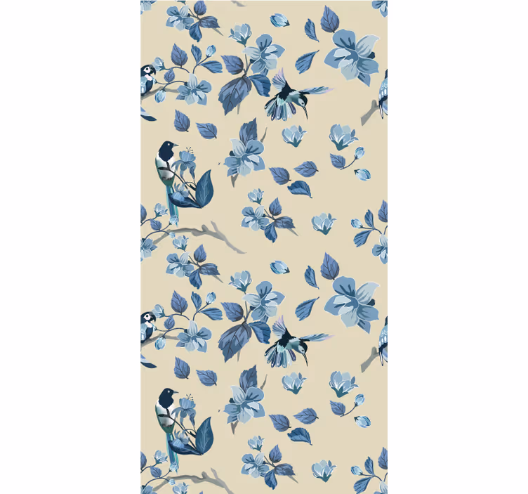 Cortina roller flores pájaros azules y hojas - TenVinilo