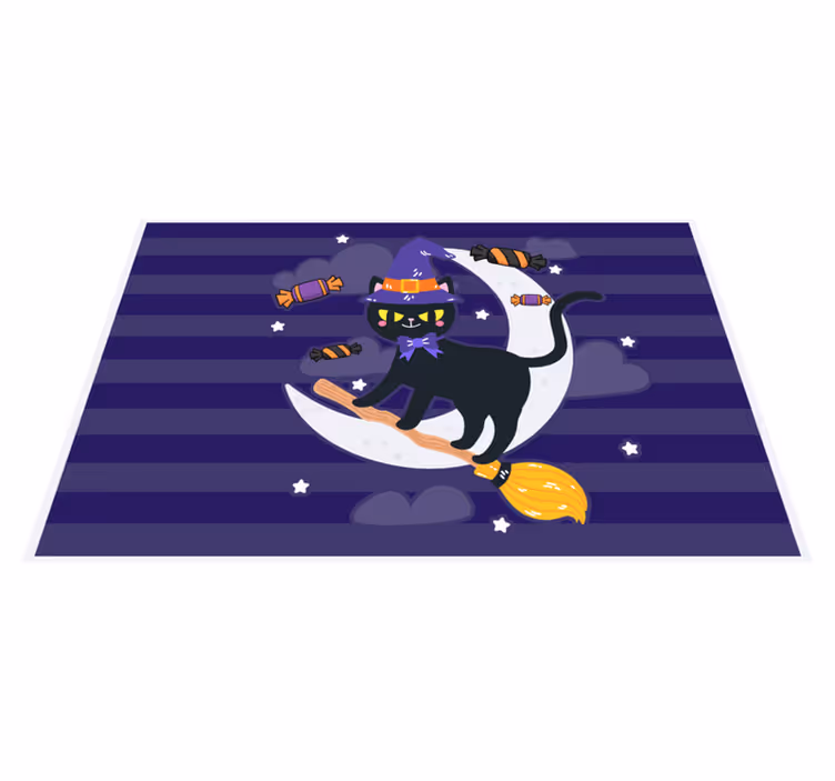 Individual para mesa halloween gato mágico en escoba - TenVinilo
