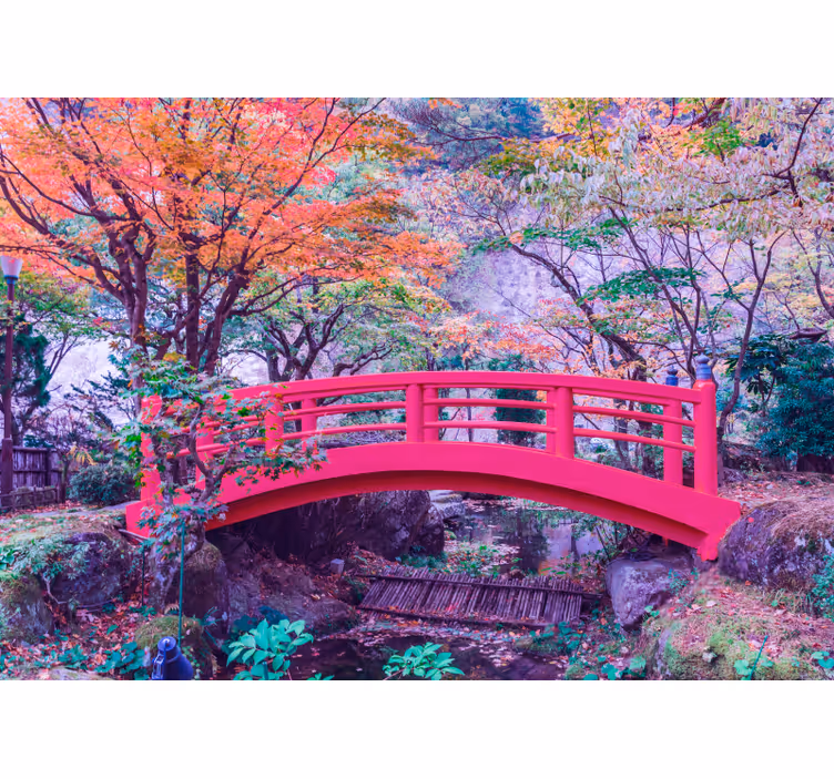 Fotomural de arboles Bosque de fantasía con puente multicolor - TenVinilo