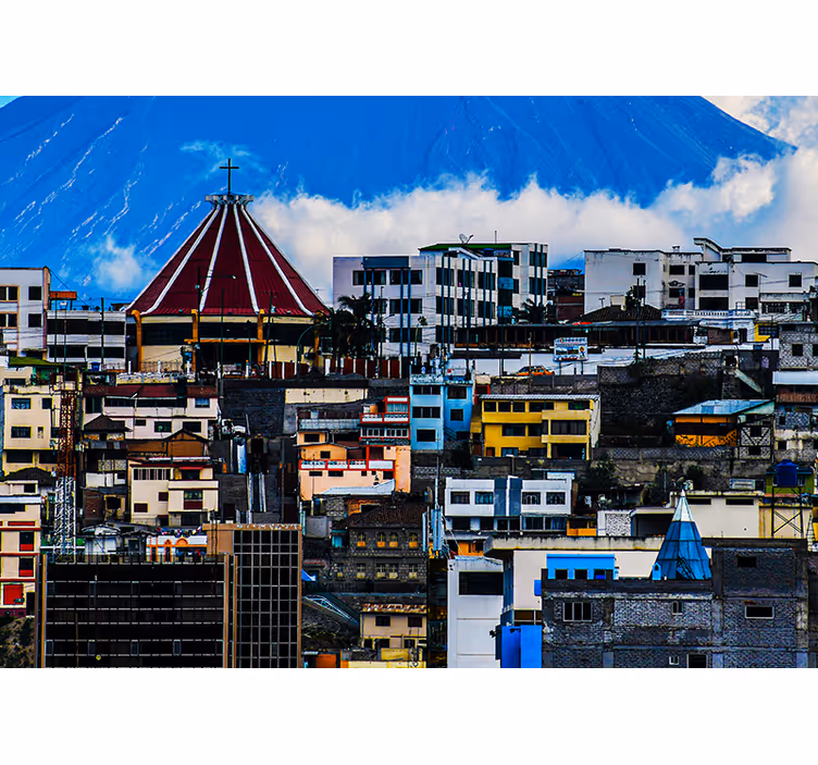 Mural ciudad paisaje urbano con volcán - TenVinilo