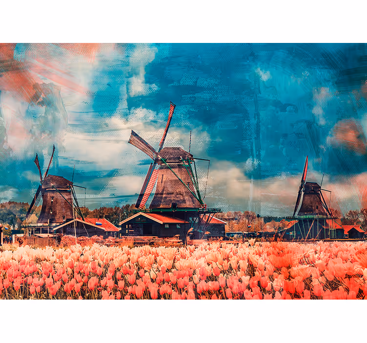 Mural ciudad campos de tulipanes y molinos de viento - TenVinilo