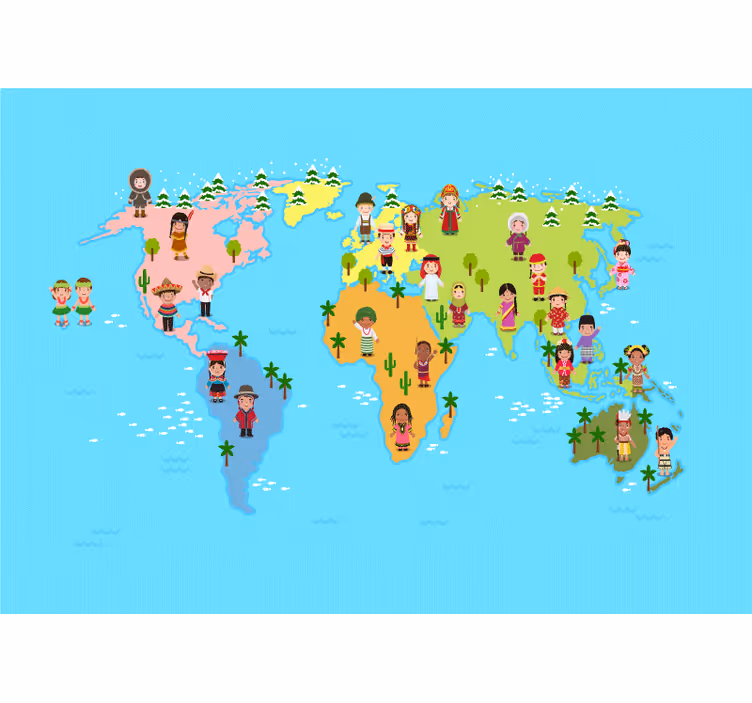 Mural mapamundi personajes del mapa cultural - TenVinilo