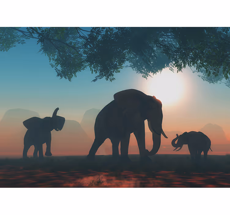 Mural de animales siluetas de elefantes al anochecer - TenVinilo