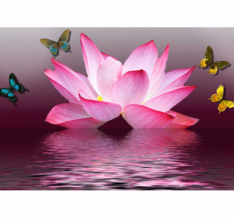 Fotomural flores Flor de loto rosa con mariposas - TenVinilo