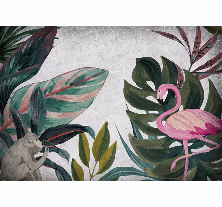 Mural de selva flamingo y mono - TenVinilo