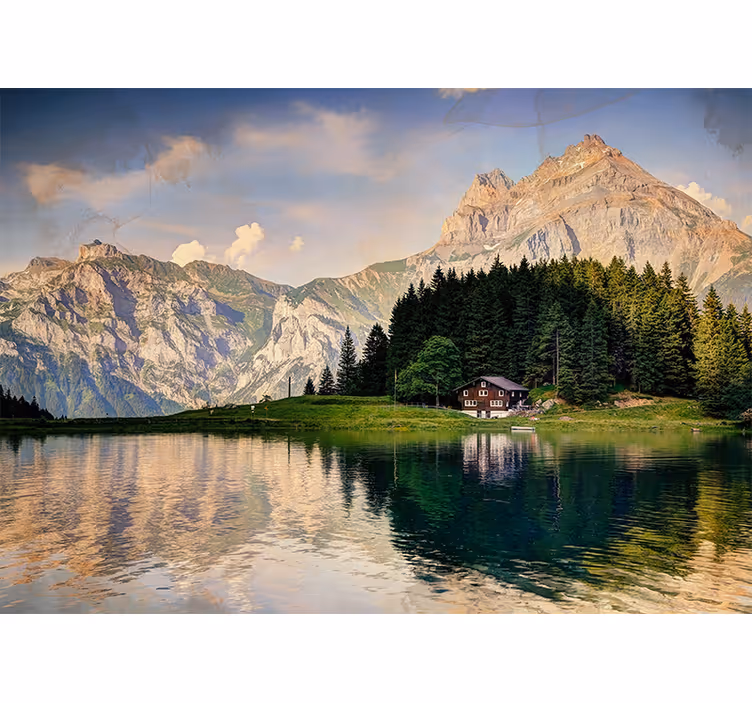 Fotomural naturaleza Casa junto al lago con las montañas - TenVinilo