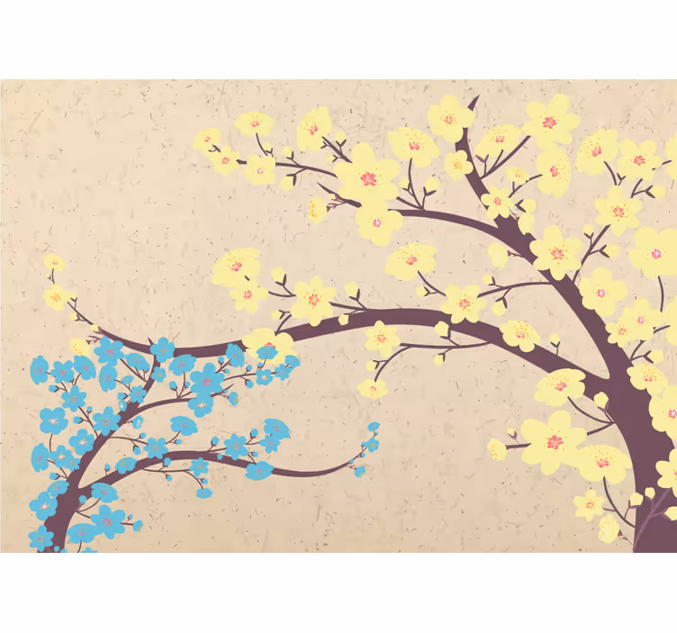 Fotomural 3D Flores azules y amarillas con fondo beige - TenVinilo