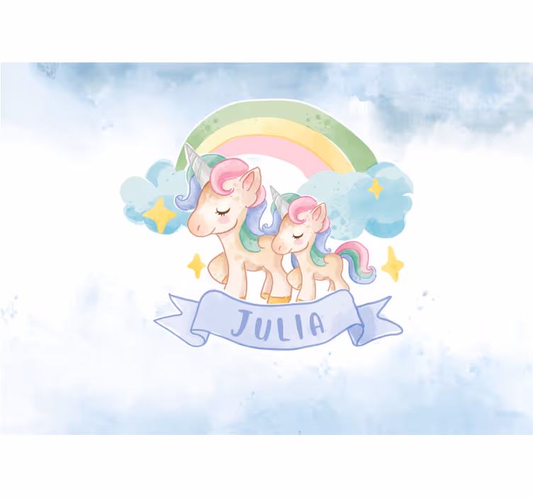 Mural infantil Unicornios felices sobre un arcoiris - TenVinilo