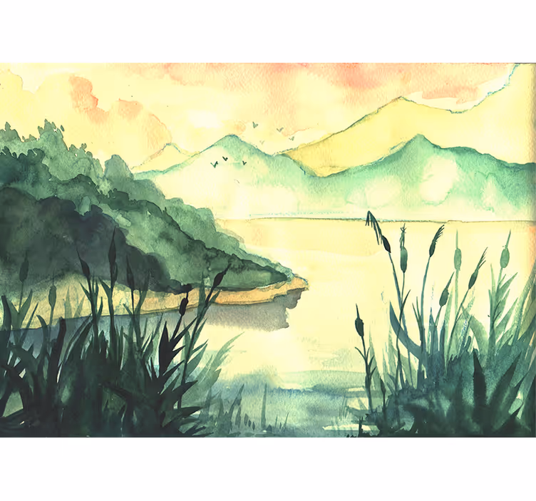 Mural de lago paisaje sereno dibujado a mano - TenVinilo