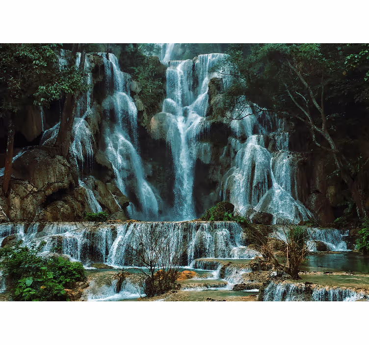 Mural de montañas con exhibición de cascada majestuosa - TenVinilo