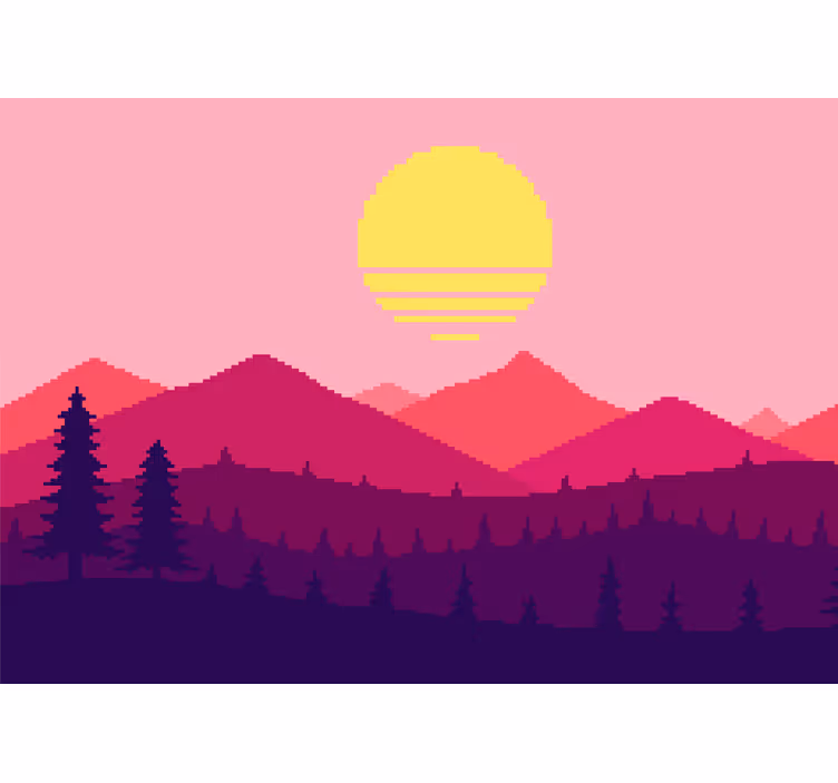 Mural de paisajes atardecer pixelado en montañas - TenVinilo