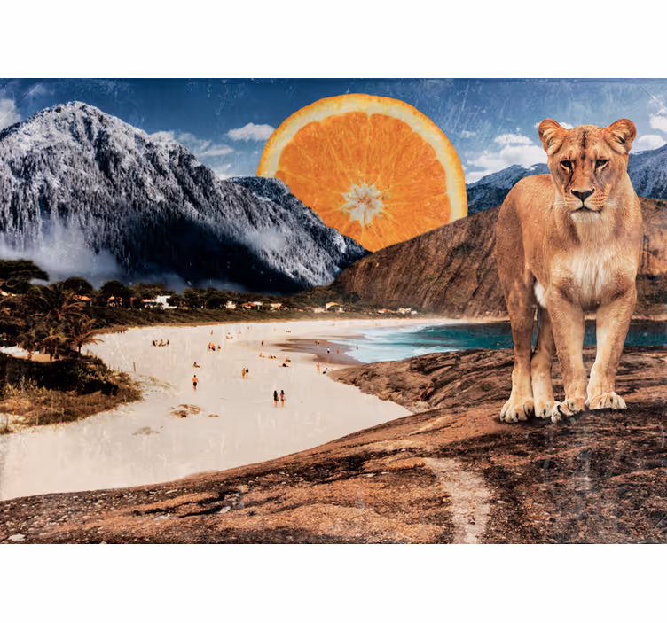 Mural de animales escena de león en la playa - TenVinilo