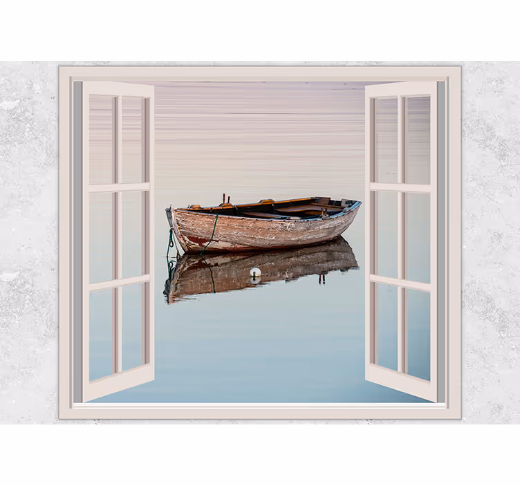 Fotomural 3D Barco de ventana a través del lago - TenVinilo