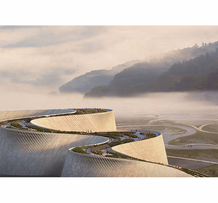 Mural de paisajes en forma arquitectónica curva - TenVinilo