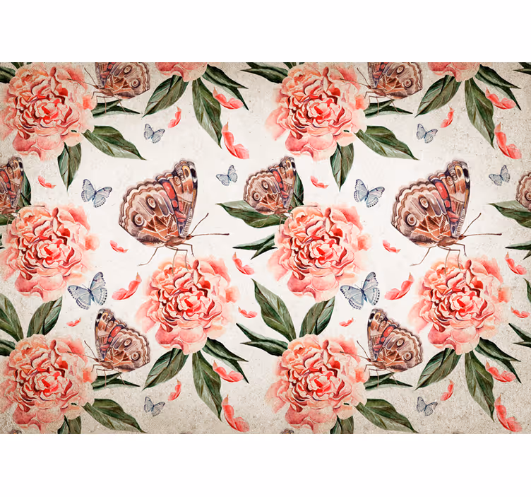 Mural de flores mariposas y peonías - TenVinilo