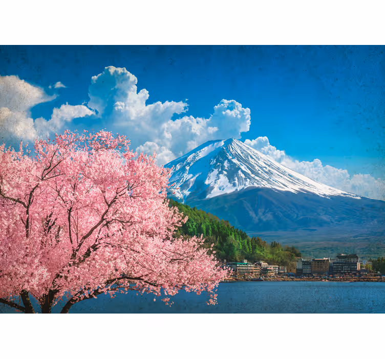 Mural de paisajes montañas y cerezos en flor - TenVinilo
