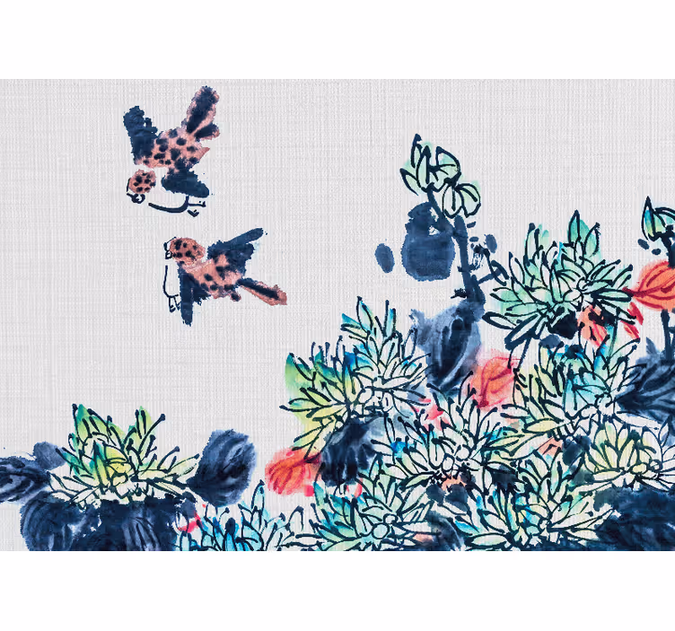 Fotomural retro Pintura del bosque japandi con pájaros - TenVinilo