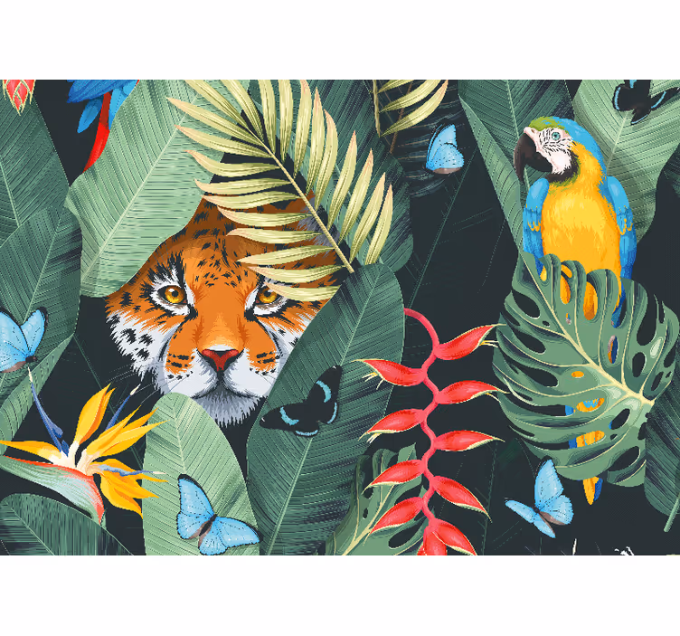 Mural de animales tigre y loro - TenVinilo
