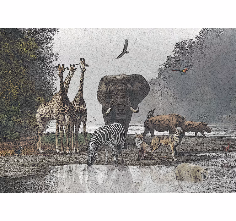 Mural de selva escena de reunión de fauna - TenVinilo