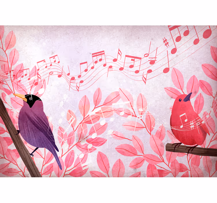 Mural de animales pájaros cantores musicales - TenVinilo