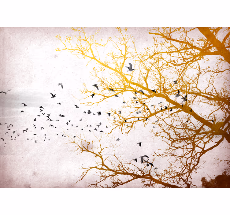 Mural de naturaleza ramas doradas con aves - TenVinilo