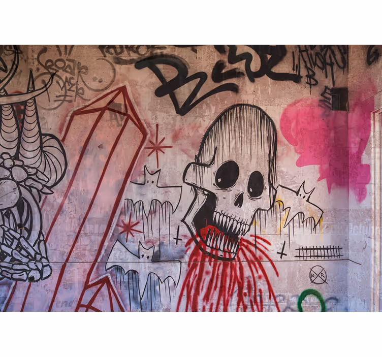 Mural graffiti calavera y murciélagos - TenVinilo
