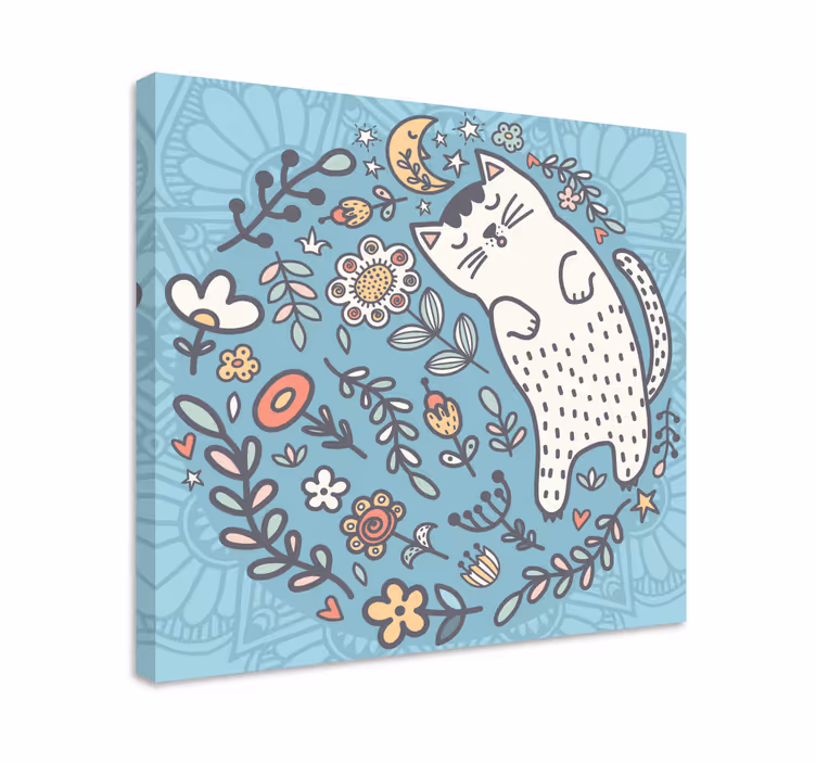 Cuadro mandala gato blanco y flores - TenVinilo