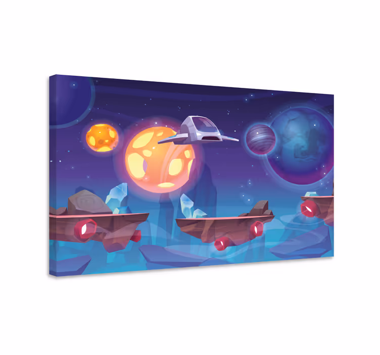 Cuadro infantil Piedras espaciales flotantes y nave espacial. - TenVinilo