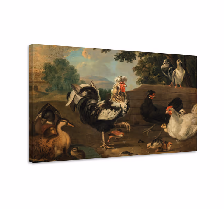 Cuadro aves Familia de gallo y pollo en la pradera - TenVinilo