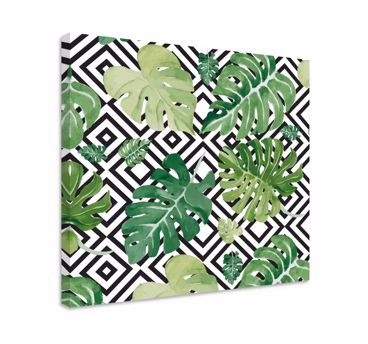 Cuadro plantas Hojas de monstera sobre un patrón geométrico - TenVinilo