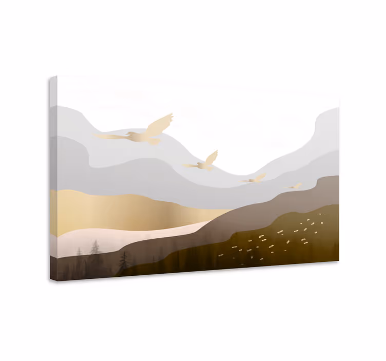 Cuadro paisajes montaña geométrica y pájaros - TenVinilo