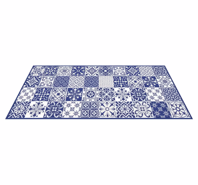 Alfombra vinílica cocina collage de porcelana cobalto - TenVinilo