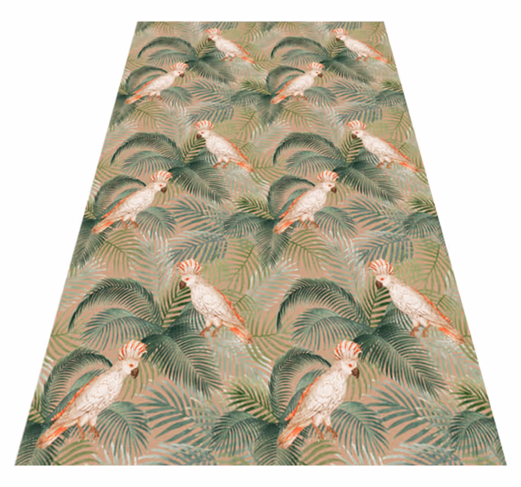 Alfombra vinílica animales loros blancos sobre palmas beige - TenVinilo