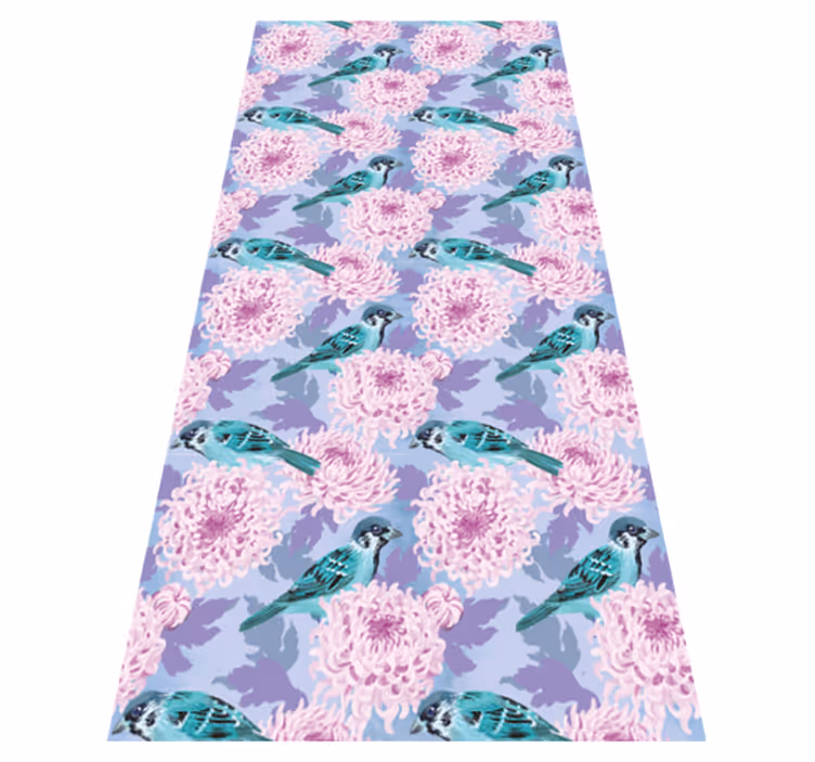 Alfombra vinílica flores jardín rosa con pájaros - TenVinilo