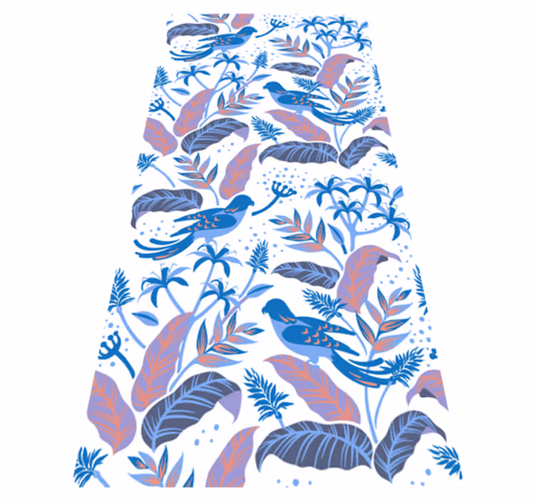 Alfombra vinílica flores aves azules y rosas sobre hojas - TenVinilo