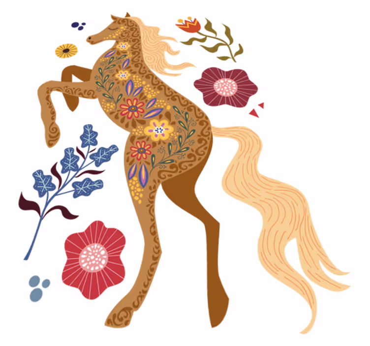 Alfombra vinílica flores ilustración de folklore de caballos - TenVinilo