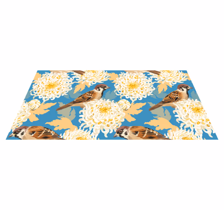 Alfombra vinílica flores diseño acuarela aves y hojas - TenVinilo