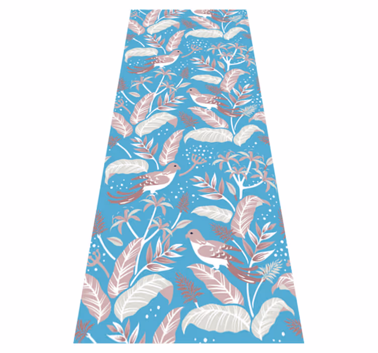 Alfombra vinílica dormitorio hojas tropicales azules y rosas - TenVinilo
