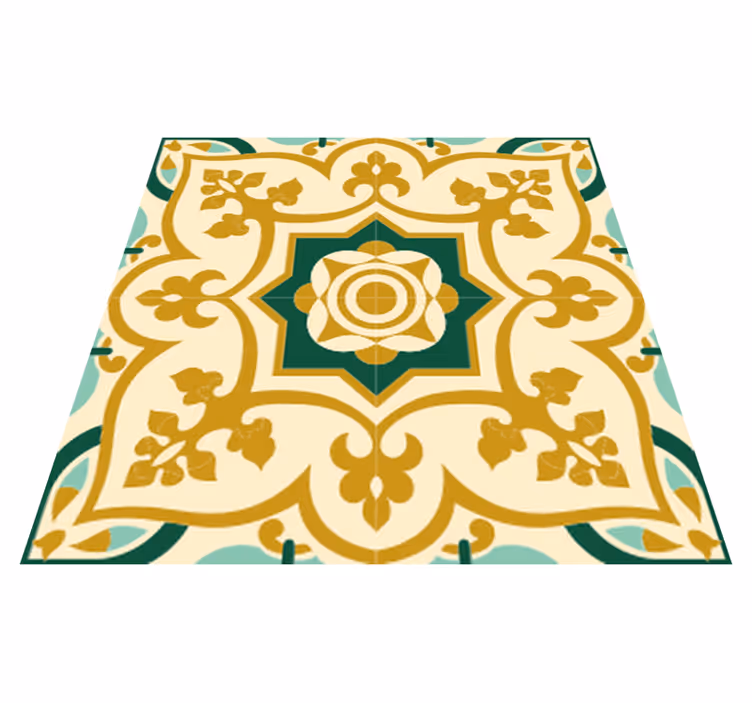Alfombra vinílica baño patrón azulejos dorados y verdes - TenVinilo