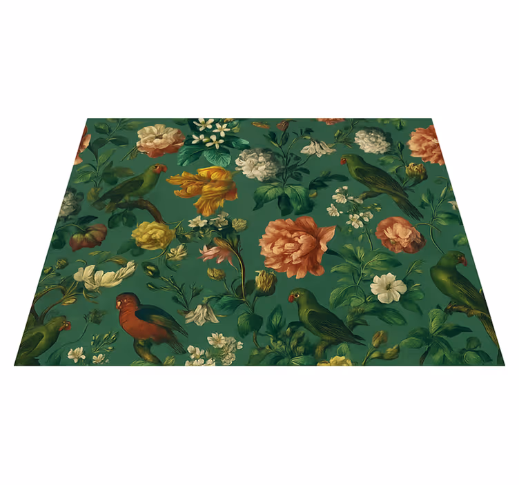 Alfombra vinílica dormitorio flores y pájaros verde oscuro - TenVinilo