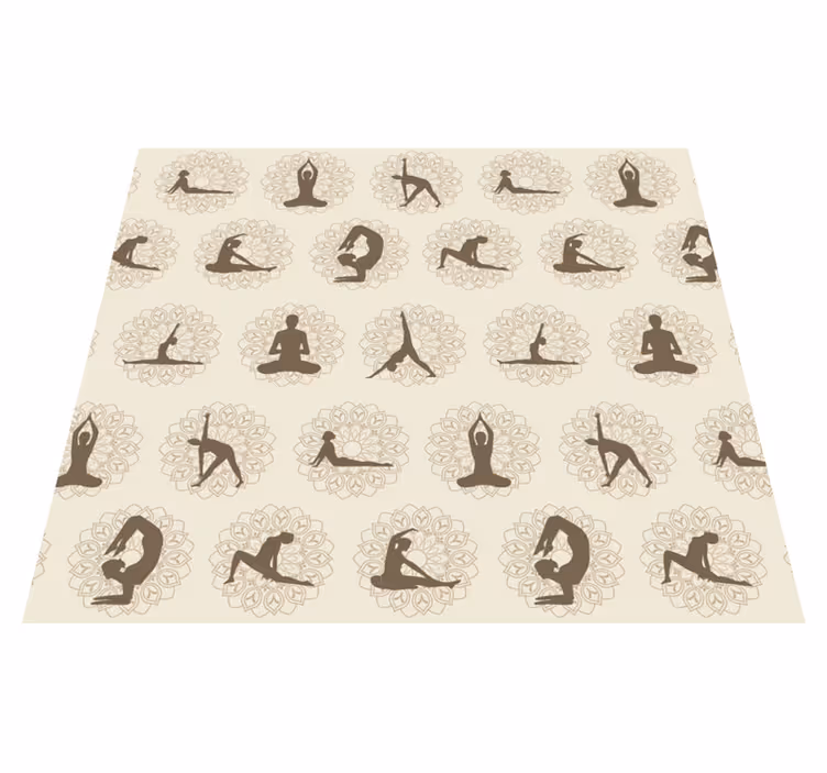 Alfombra vinílica beige iconos de yoga marrones - TenVinilo
